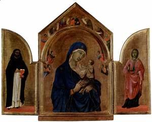 Duccio Di Buoninsegna - London triptych, Madonna with the main table in tympanum angels and prophets, St. Dominic left wing, right wing of St. Agnes