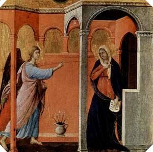 Maesta, altarpiece of Siena cathedral, front, predella with scenes from the childhood of Jesus and the prophets, preaching scene
