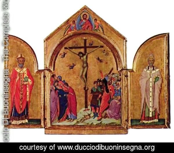 Duccio Di Buoninsegna - Crucifixion triptych, left St. Nicholas, St. Gregory the right