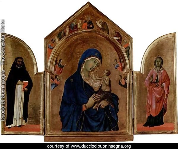 London triptych, Madonna with the main table in tympanum angels and prophets, St. Dominic left wing, right wing of St. Agnes
