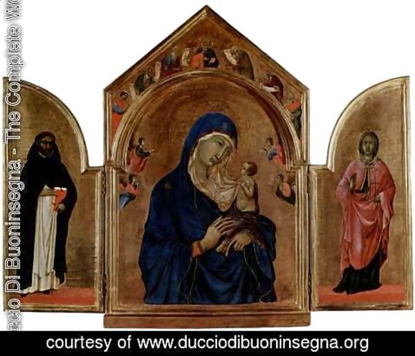Duccio Di Buoninsegna - London triptych, Madonna with the main table in tympanum angels and prophets, St. Dominic left wing, right wing of St. Agnes